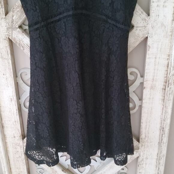Francesca's Women's Sleeveless Lace Mock Neck Fit & Flare Mini Dress in Black - Picture 8 of 13
